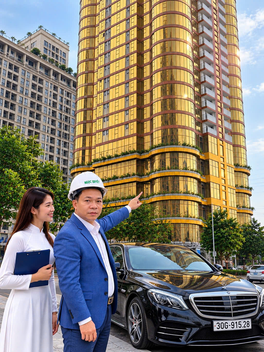 Tòa nhà cao tầng sử dụng mặt dựng kính phản quang màu vàng dưới trời xanh